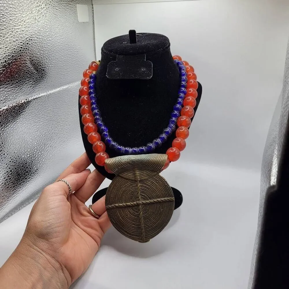 Ashanti Ghana Double Strand 18 Inch Glass Bead Necklace With Brass Pendant